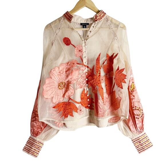 Karen Millen Organdie Applique Buttoned Sheer Long Sleeve Sequined Blouse 4 - Picture 3 of 12